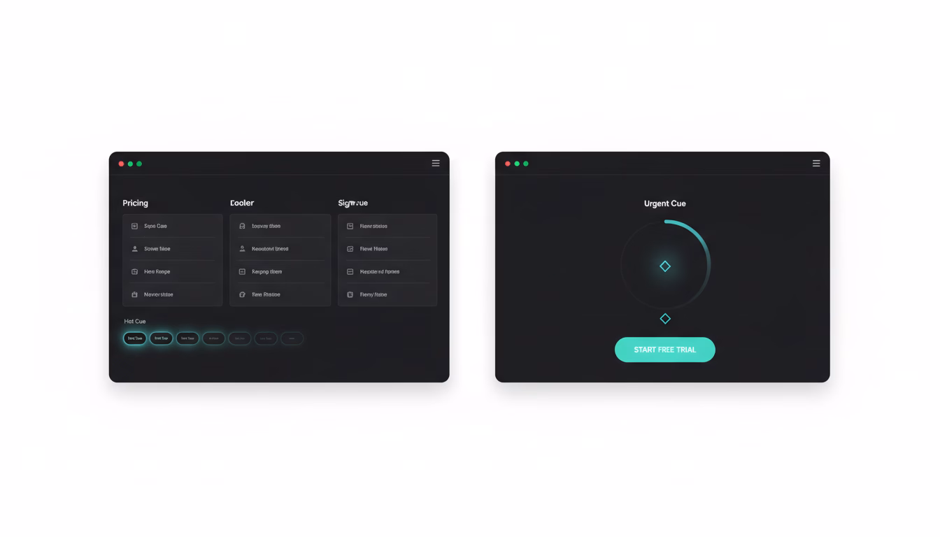 the-best-ai-visibility-optimization-platform-in-20-2-1764583437220 - Social Proof, CRO and FOMO App - The Trustmaker Split composition illustrating the two notification types and placements: left side shows a pricing page layout with small, textless activity toasts (Hot Cue) pulsing sequentially from the bottom-left; right side shows a signup flow with a subtle countdown ring and scarcity cue near the primary button (Urgent Cue), both without any readable words or numbers. The right side appears slightly more intense to suggest conversion pressure, while the left side signals social validation. Clean modern aesthetic on white, matte black UI frames, selective cyan glow accents, editorial quality, ultra-sharp detail, 16:9 aspect ratio