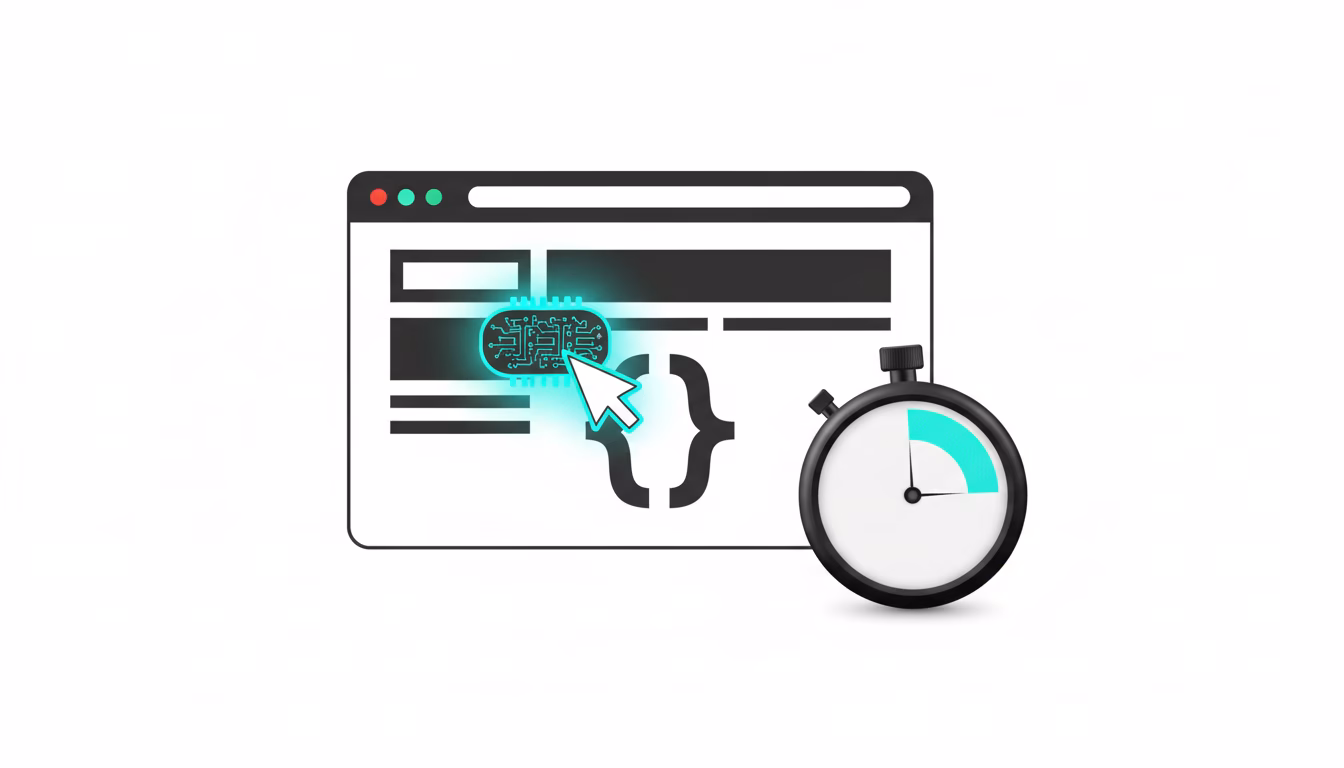 the-best-ai-visibility-optimization-platform-in-20-3-1764583437220 - Social Proof, CRO and FOMO App - The Trustmaker No-code setup in under 30 minutes visualized: a minimal browser window with a simplified page layout, and a single glowing script chip being dragged by a cursor into the page just above a stylized closing bracket, no readable code. Beside it, an analog stopwatch with a cyan-highlighted arc (no numerals) conveys speed. The scene feels approachable and technical without text, using a white canvas, matte black elements, and cyan accent glow to guide the eye. Professional commercial photography lighting, clean modern aesthetic, technical illustration style, 16:9 aspect ratio