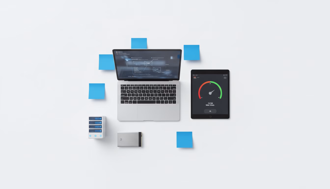 Clean flatlay photo on a white background showing the audit toolkit: an open laptop with blurred code/wireframe, a tablet with a blurred Core Web Vitals style gauge (no numbers), a compact external drive, a small server model, and a few blue (#4169E1) sticky notes scattered as accents; all elements arranged neatly to communicate crawl diagnostics, performance, structured data and sitemaps, professional modern photography, no visible text, 16:9 aspect ratio