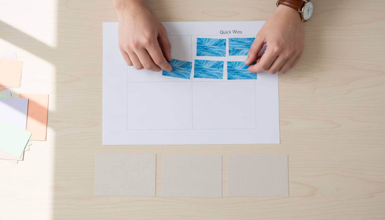 Overhead photo of hands actively prioritizing fixes: a faint drawn 2x2 quadrant on white paper (no words) with colored cards being placed into quadrants; small blue (#4169E1) cards highlight 'quick wins' positions, nearby a 30-60-90 day timeline shown as three neutral cards in sequence (no text), clean workspace, modern optimistic lighting, professional photography style, no readable text or labels, 16:9 aspect ratio